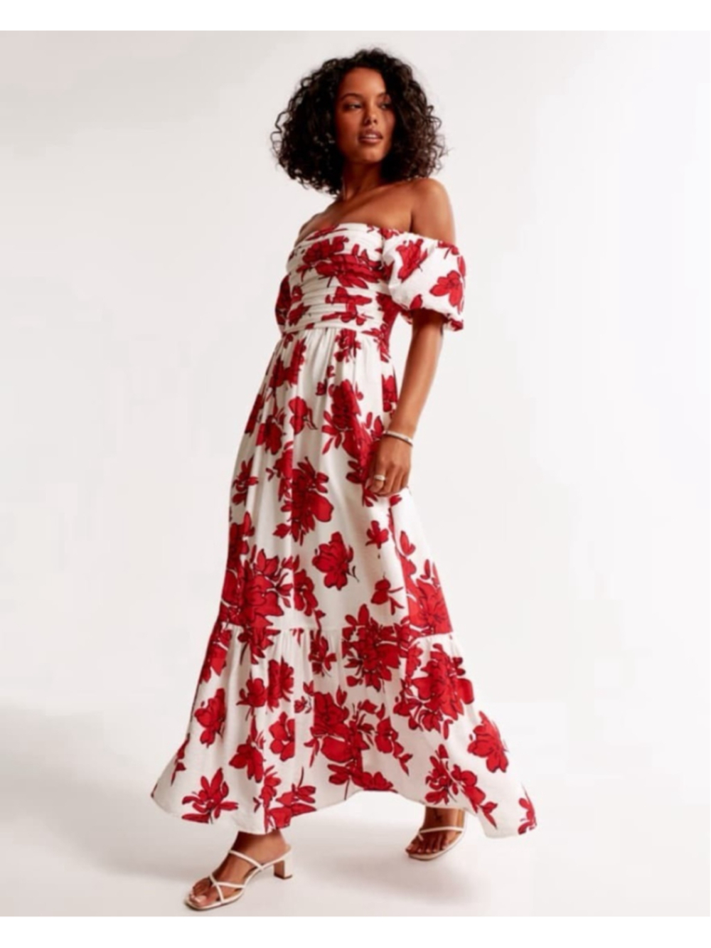 Abercrombie & Fitch Emerson Maxi Dress Off Shoulder Puff Sleeve Red Floral Sz M